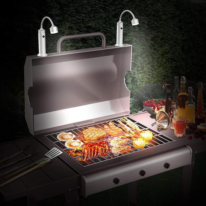 FIREOR Barbecue Grill Light Grilling Accessories for Outdoor, BBQ Magnetic LED Lights Flexible Gooseneck Weather Resistant, Men Dad Gifts Batteries Included 2 Pack (Silver)