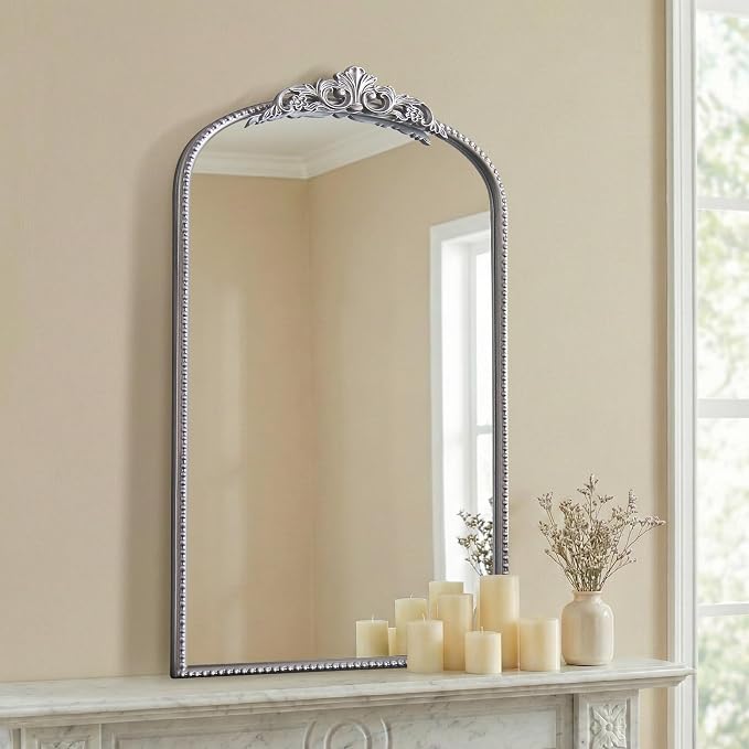 Micasso Vintage Arched Silver Mirror: 31"x19" French Baroque Antique Mirror - Traditional Ornate Decorative for Wall/Bathroom/Entryway/Fireplace/Hallway - Home Decor for Living Room