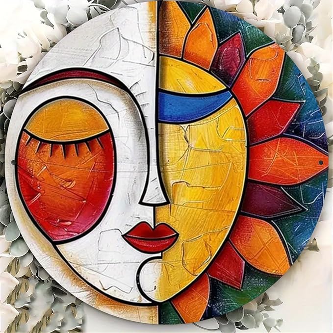 Sun and Moon Abstract Metal Wall Art - 8x8 Iron Sign for Home Decor, Waterproof & Weather-Resistant, Hippie Theme with HD Print Texture, White