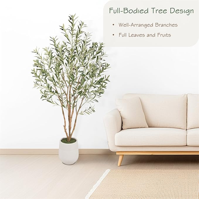 Bellacat 6.03ft Super Fuller Faux Olive Tree with Multiple Real Wood Trunks, 72.4in Olive Trees Artificial Indoor with Realistic Fruits & Leaves, Fake Olive Tree for Indoor & Outdoor Home Office Décor