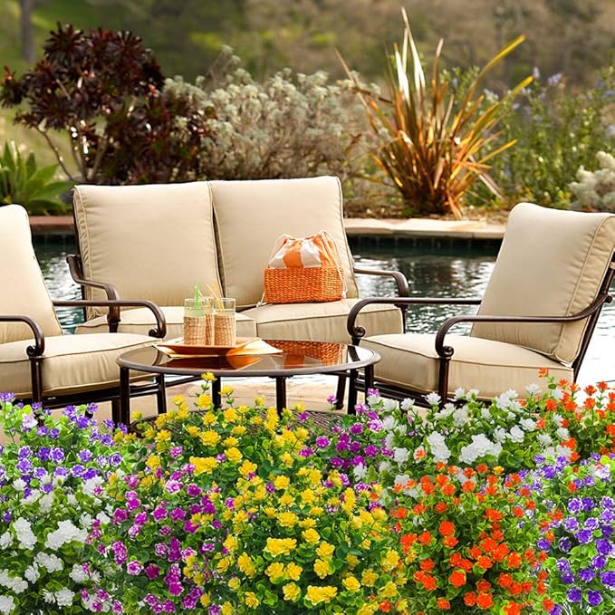 10 Bundles Artificial Fake Flowers, Faux Outdoor Plastic Plants UV Resistant Shrubs Outside Indoor Decorations (Yellow-Eucalyptus)