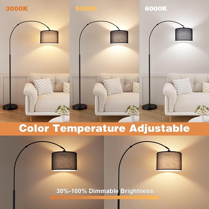 Ambimall Dimmable Arc Floor Lamp with Remote, Color Temperatures and Brightness Adjustable, Arched Floor Lamp with Rotating Head, Over Couch Arched Reading Light for Living Room (Black and Black)