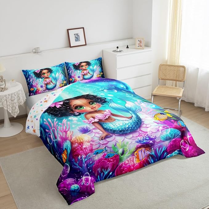 Cute Mermaid Comforter Set King Size,Reversible Cute Girl Fish Scale Print Black Bedding Set All Season Quilt Set,African Style Cartoon Fairy Tale Theme Microfiber Polyester Down Comforter
