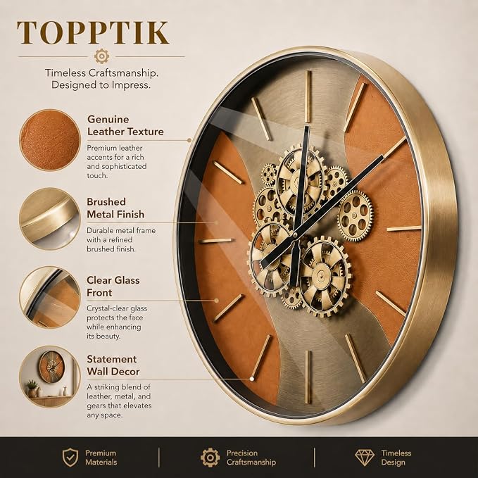 21.65 Inch Moving Gear Wall Clock, Battery Operated Steampunk Industrial Large Clock, Antique Bronze Metal Frame with 3D Scales, Unique Decorative Wall Clock for Living Room Farmhouse Office Decor