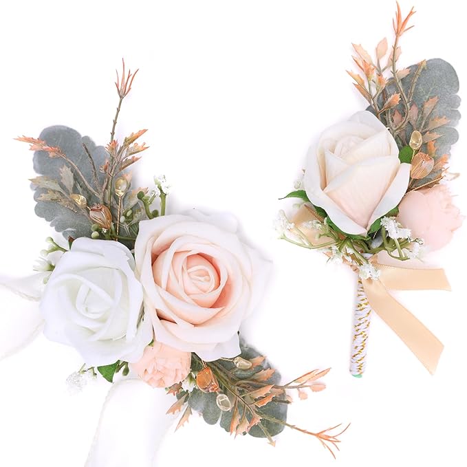 Fnize Champagne Corsage and Boutonniere Set for Bride Groom Bridesmaids Groomsmen Wedding Homecoming Prom Flowers Artificial Rose Boutonniere and Wrist Corsage Flower