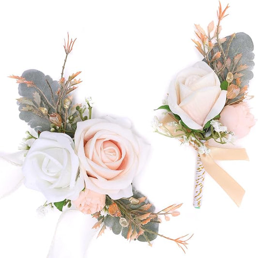 Fnize Champagne Corsage and Boutonniere Set for Bride Groom Bridesmaids Groomsmen Wedding Homecoming Prom Flowers Artificial Rose Boutonniere and Wrist Corsage Flower