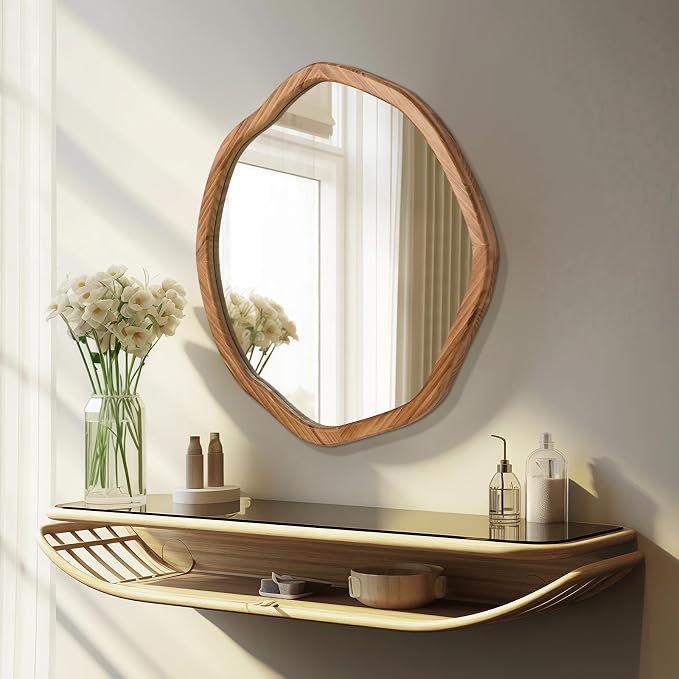 ULIKE Round Wood Mirror, 24 Inch Irregular Circle Vanity Wall Mirror with Wooden Frame, Rustic Decorative Wall Mount for Bathroom Bedroom Living Room Entryway, Rustic Brown