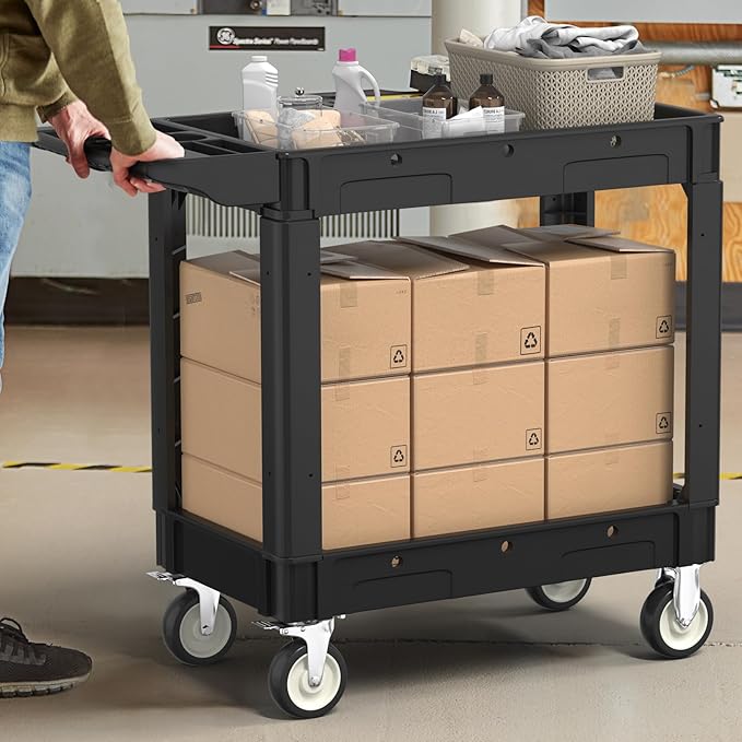2 Tier Plastic Rolling Cart Utility Cart on Wheels, Heavy Duty Tool Carts with Ergonomic Storage Handle and Deep Shelfs, Work Cart Service Cartss for Garage, Warehouse, Workshop, Office, Cleaning