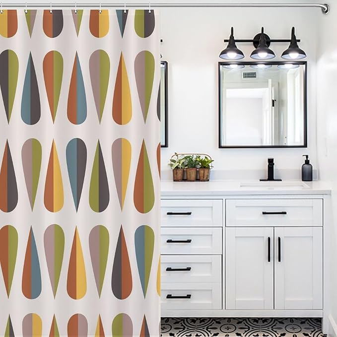 Mid Century Modern Shower Curtain,Colorful Abstract Geometric Drop Shapes Art Style Shower Curtains Set for Bathroom Fabric Decorative Bath Curtain Washable Curtain Hooks, 72x72”
