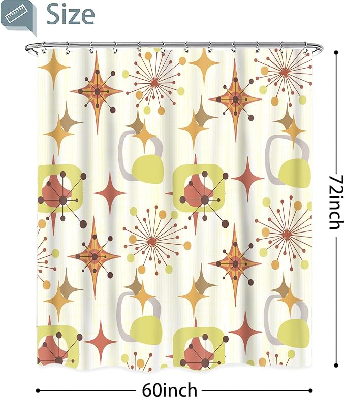 Mid Century Shower Curtain, 60x72inch, Modern Abstract Retro Yellow Striped Geometric Shower Curtain Sets 1950s Boho Bathroom Shower Curtain with 10 Hooks