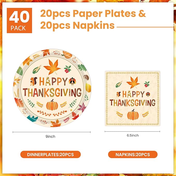 40 Pcs Thanksgiving Plates and Napkins Party Supplies, Give Thanks Paper Plates Napkins Disposable Tableware Set for Autumn Fall Thanksgiving Party Decorations