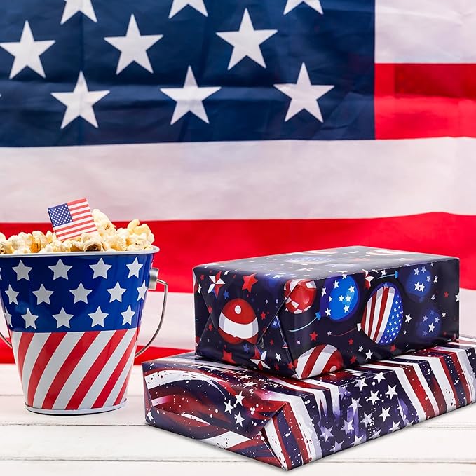 JarThenaAMCS 12 Sheet Patriotic Wrapping Paper -Not Roll- American Flag Star Firework Gift Wrap Paper Folded Flat Art Paper for 4th of July DIY Crafts Gift Wrapping, 19.7 x 27.6 Inch