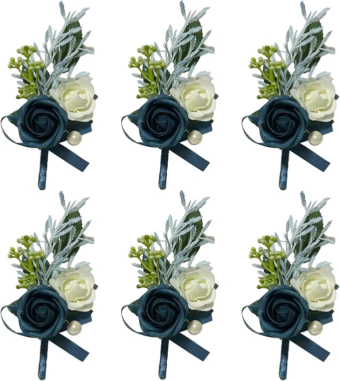 6PCS Navy Blue Boutonniere for Men, Groomsmen Guest Boutonniere, Artificial Flowers for Wedding Decor Prom Homecoming
