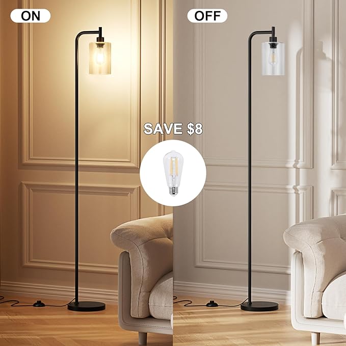 Ziisee Floor Lamps for Living Room - Standing Lamp with Seeded Glass Shade, Modern Floor Lamp with LED Bulbs, Industrial Floor Lamp for Bedroom, Black Tall Lamp for Office(Light Bulb Included)
