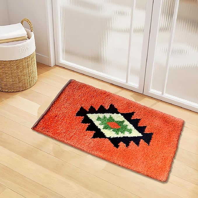 Boho Bathroom Rugs Coral Non Slip Geometric Bath Mat Fluffy Soft Absorbent Bath Rugs for Bathroom Shower Sink Home Entryway Bohemian Farmhouse Decor 30''×20''