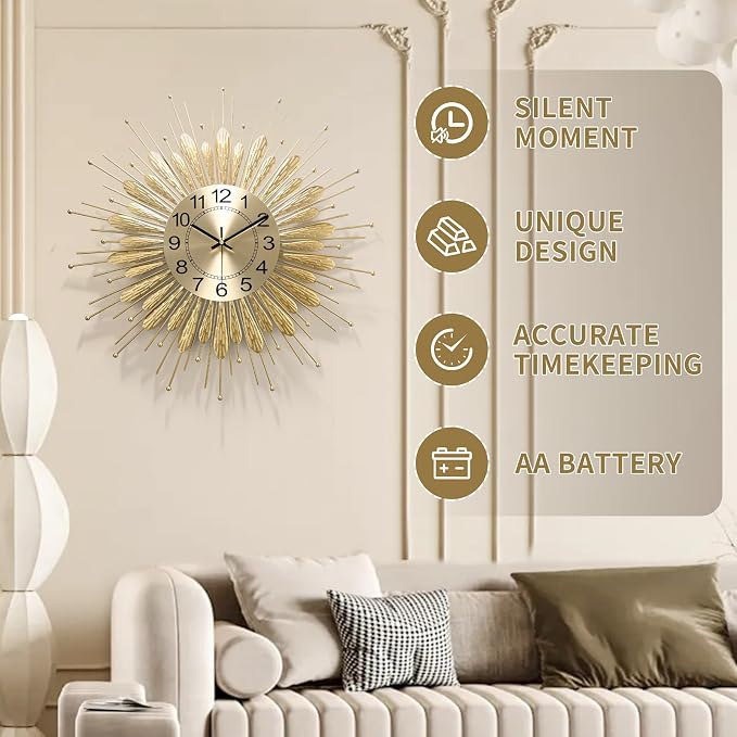 Large Wall Clock,27inch Gold Wall Clock Non-Ticking Mid Century Wall Clocks for Living Room Decor,Battery Operated Wall Clock for Bedroom&Living Room