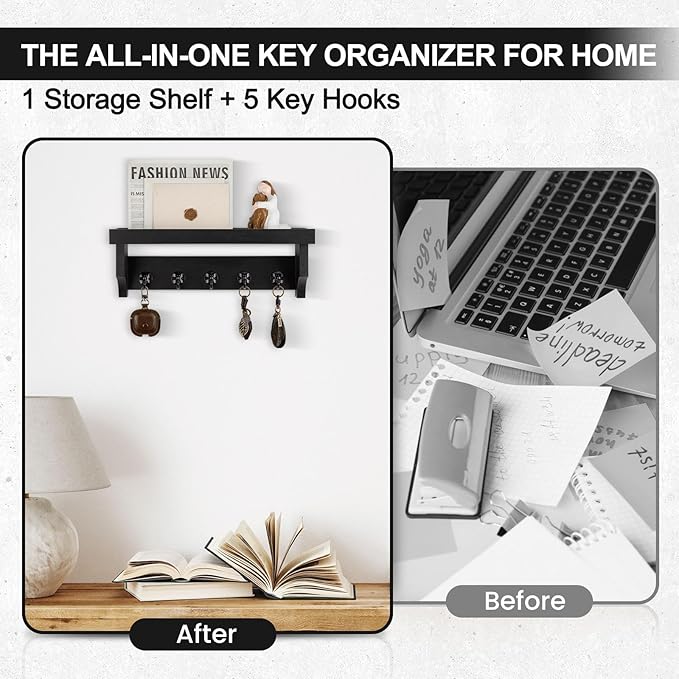 Lucundm Key and Mail Holder Wall Mount, Key Holder with Shelf and Mail Organizer Wall Mount. Mail Holder with 5 Hooks for Coat, Dog Leash, Home Decor Rack, Entry Way Organizer (Black)