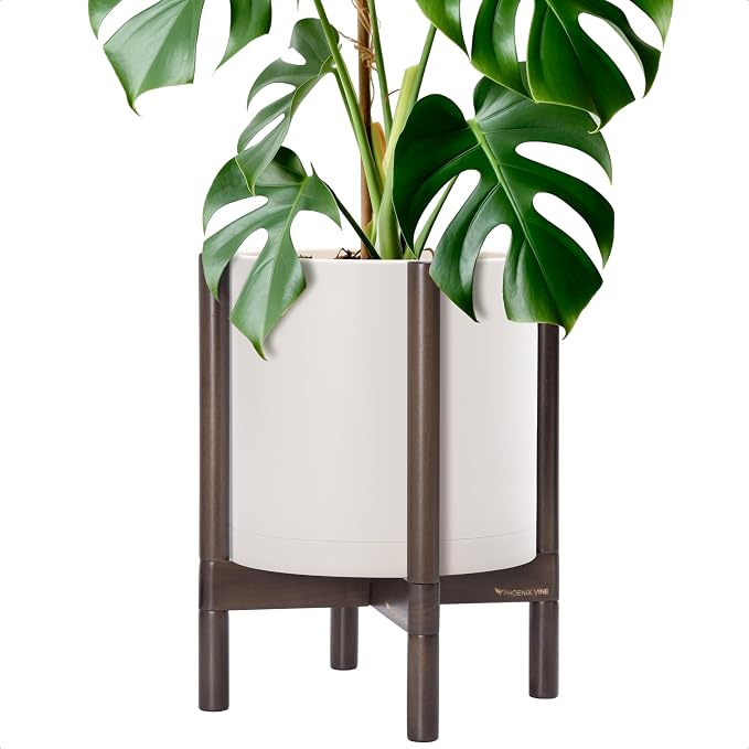 D'vine Dev Planter Pot with Stand - 12 Inch Plastic Cylinder Flower Pot with Wood Planter Holder for Indoor, Oatmeal Pot + Walnut Color Stand, 55-C-O-4