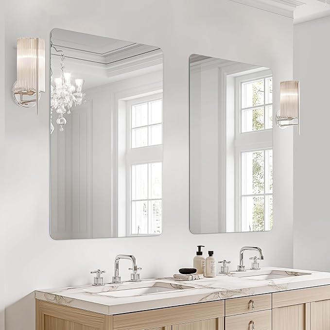 USHOWER 2-Pack Frameless Bathroom Mirrors for Over Sink, 24x36 Inch Rectangular Vanity Mirror with Rounded Corner, Shatterproof Mirror for Vanity, Bedroom, Entryway Upgraded & Remodel