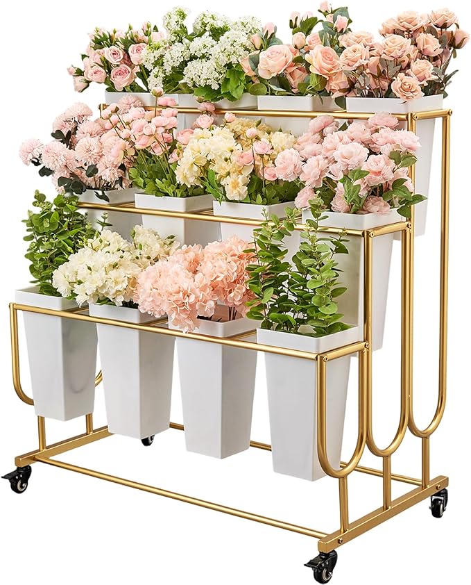 Flower Display Stand Frame, 3-Tier Flower Cart with Wheels, Metal Floral Display Rack , Moving Florist Bouquet Shelf for Shop ,Flower Bar, Events (Gold - 3 Tier) , Without Flower Buckets