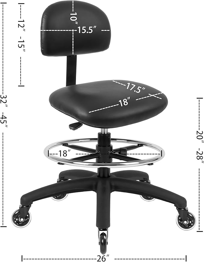 Chair Master FSS Series Square seat (20"-28") seat Height Chair. Vinyl-for Office, Garage, Desk, Shop, Computer, Doctor, Medical, Easy to Clean! 18" Footring (Black, Mid Stool, Rubber Roller Casters)