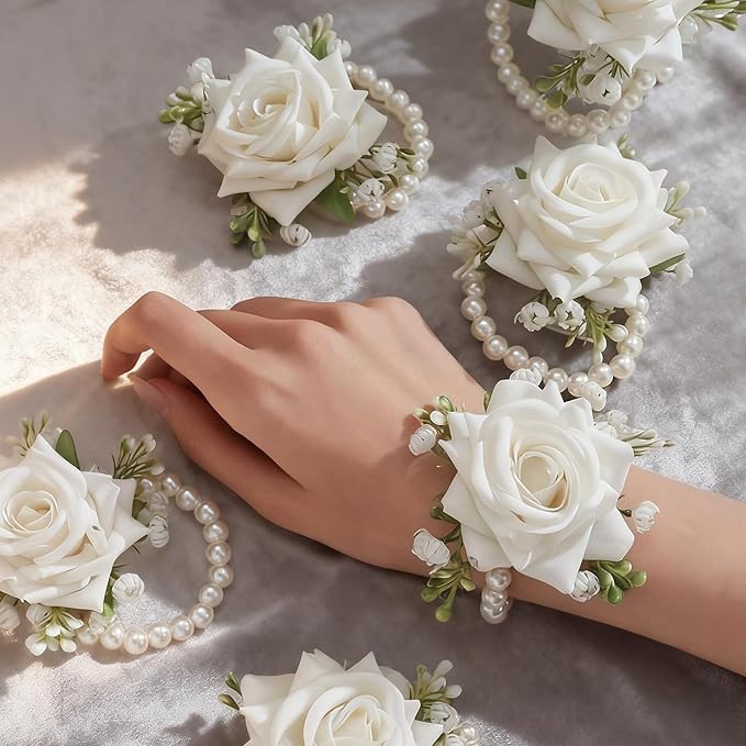 6 PCS Artificial Flowers Wrist Corsage Wristlet Band，Wedding Ball Accessories for Brides, Grooms, Bridesmaids