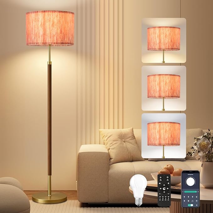 Wood Floor Lamp with 3 Color Temperatures,Vintage Floor Lamp with Remote Control,Dimmable Farmhouse Floor Lamp Mid Century Modern Standing Lamp Farmhouse Tall Pole Lamp for Living Room Bedroom
