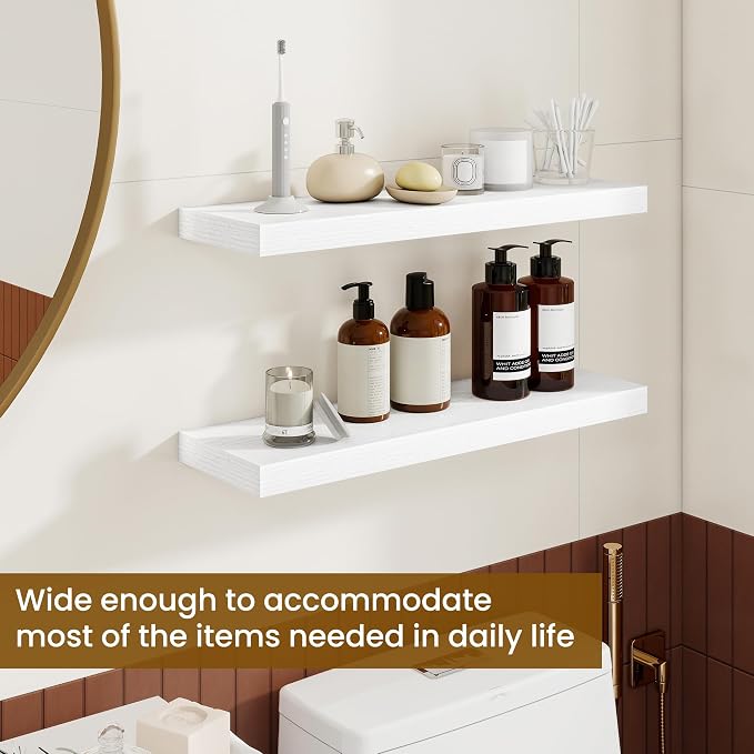 Dreamland 24Inch Floating Shelves for Wall, Rustic Wooden White Floating Shelves for Bathroom|Bedroom|Kitchen, Deep Wall Mounted Book Shelf, Wood Storage Display Shelf for Home Decor, Set of 2