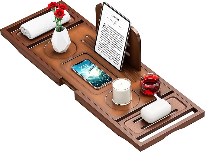 Bathtub Tray Caddy - Bath Tray - Bath Tub Tray Caddy - Bamboo Bath Table Tray for Tub - Expandable Size, Fits Most Tubs