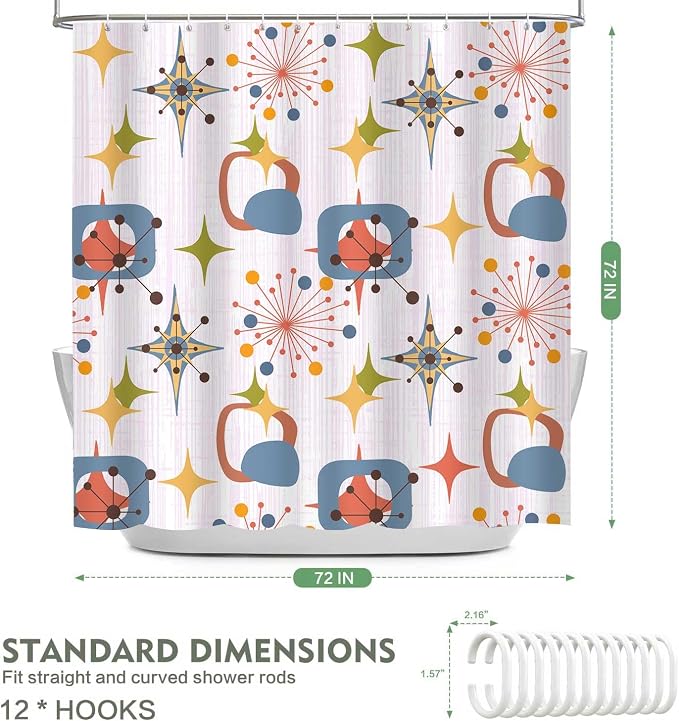 Mid Century Shower Curtain, 72x72inch, Modern Abstract Retro Pink Striped Geometric Shower Curtain Sets 1950s Boho Bathroom Shower Curtain with 12 Hooks