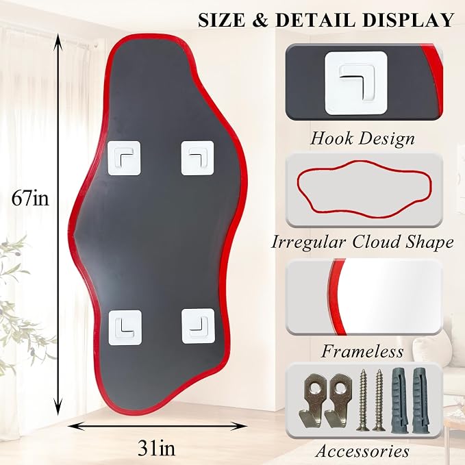Irregular Mirror Full Length, 67"x31" Red Asymmetrical Tempered Glass Mirror, Large Organic Frameless Wall Mirrors for Entryway Hallway Bedroom Living Room, Horizontal or Vertical Hanging