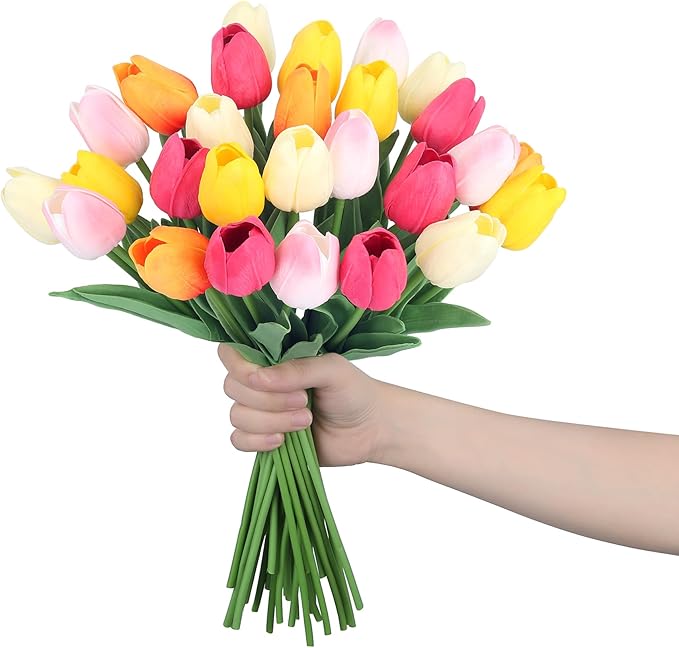 20pcs 14" Tulips Artificial Flowers for Real Touch Fake Tulips Slik Faux Flowers for Summer Wedding Bouquet Spring Mother's Day Home Decor (6 Color)