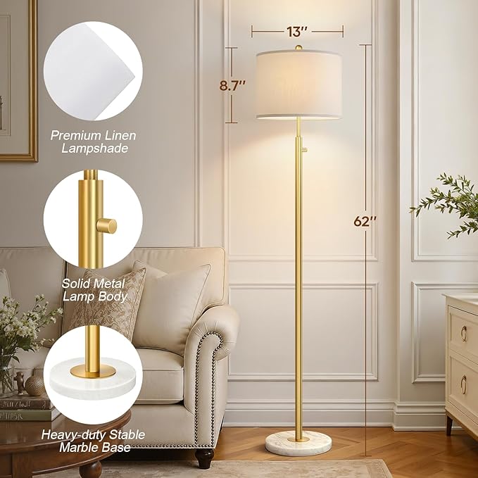 【Upgraded】Dimmable Gold Floor Lamps for Living Room, 11W LED Bulb Included, Modern Standing Lamp with Marble Base, Tall Pole Light with White Linen Shade for Bedroom Reading Office Corner Nursery