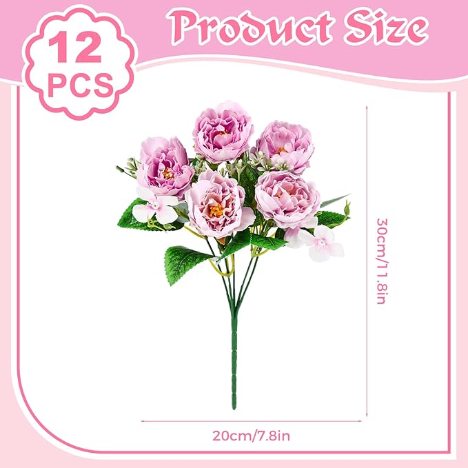 Olgaa 12 Bundles Peonies Artificial Flowers Fake Peony Bouquet Faux Peonies Flowers Bulk with Stems Flower Balls for Centerpiece Table Decorations Wedding Bridal Floral Arrangement (Purple Pink)