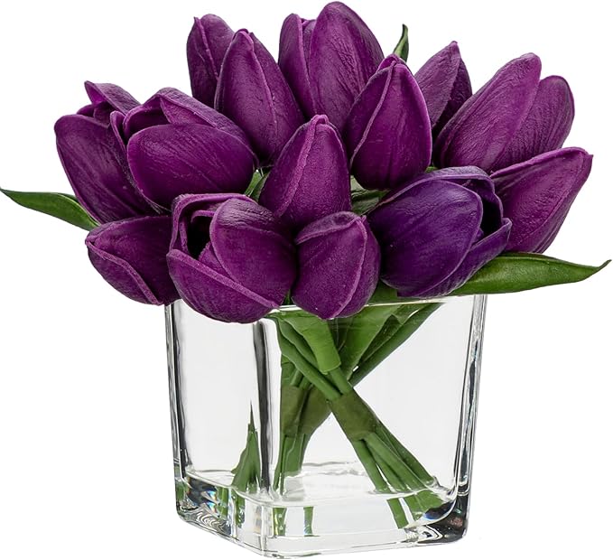 DILATATA Artificial Purple Tulips in Vase with Faux Water 5.5" Real Touch Flowers Fake Tulips Small Flowers Arrangement in Cube Glass Vase for Mother's Day Table Centerpiece Wedding Home Decor