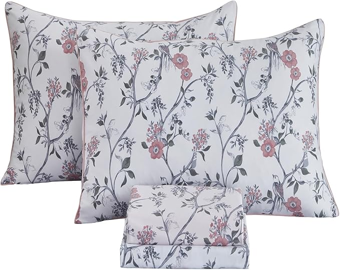FADFAY Sheets Set Queen Rustic Bird Floral Bed Sheets Set Vintage Botanical Bedding Shabby Branches Leaves Bedding Collections 100% Egyptian Cotton Breathable Soft 17.7" Deep Pocket 4Pcs, Queen Size