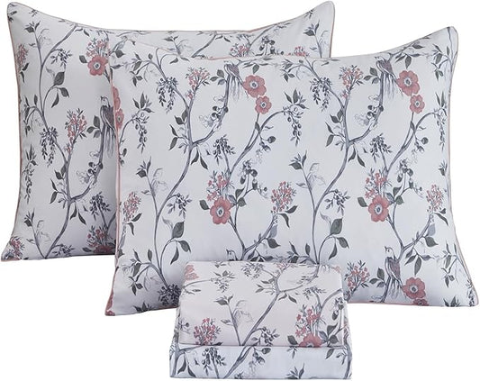 FADFAY Sheets Set Queen Rustic Bird Floral Bed Sheets Set Vintage Botanical Bedding Shabby Branches Leaves Bedding Collections 100% Egyptian Cotton Breathable Soft 17.7" Deep Pocket 4Pcs, Queen Size