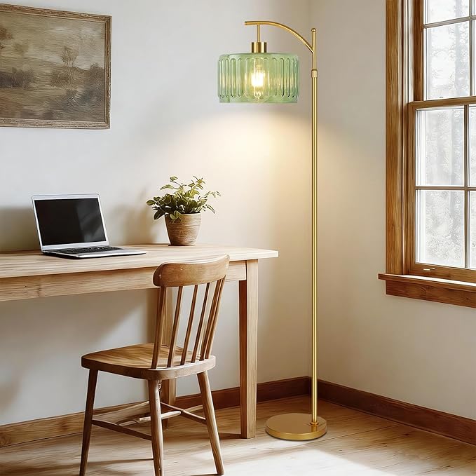 QIYIZM Glass Floor Lamp for Living Room,Bedroom,Gold Dimmable Standing Lamp with Remote,Mid Century Modern Brass Tall Lamp Boho Vintage Retro Floor Lamps Arc Green Flower Floor Light Lamp Bohemian