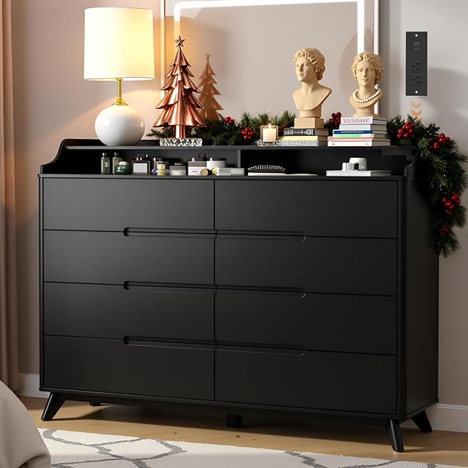 Dresser for Bedroom with 8 Drawers, 55" Large Dresser & Chest of Drawers with Charging Station, Wood Closet Clothes Storage Tall Dressers Organizer for Bedroom Living Room Hallway (Black)