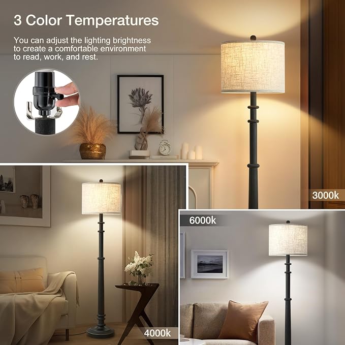 Floor Lamps for Living Room - 60" Resin Farmhouse Floor Lamp with Adjustable Color Temperatures - Vintage Standing Lamp Reading Light with Linen Shade Retro Tall Lamp for Bedroom Office, Black