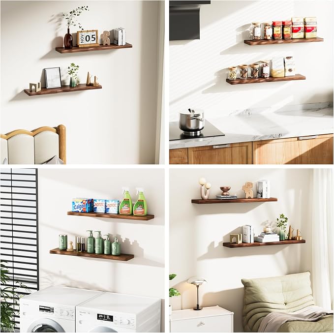 Solid Wood Live Edge Floating Shelves Set of 2 – 36" Rustic Wall Shelf with Hidden Bracket System, Wall Mounted Shelves for Bathroom, Kitchen, Living Room, Bedroom (Walnut)