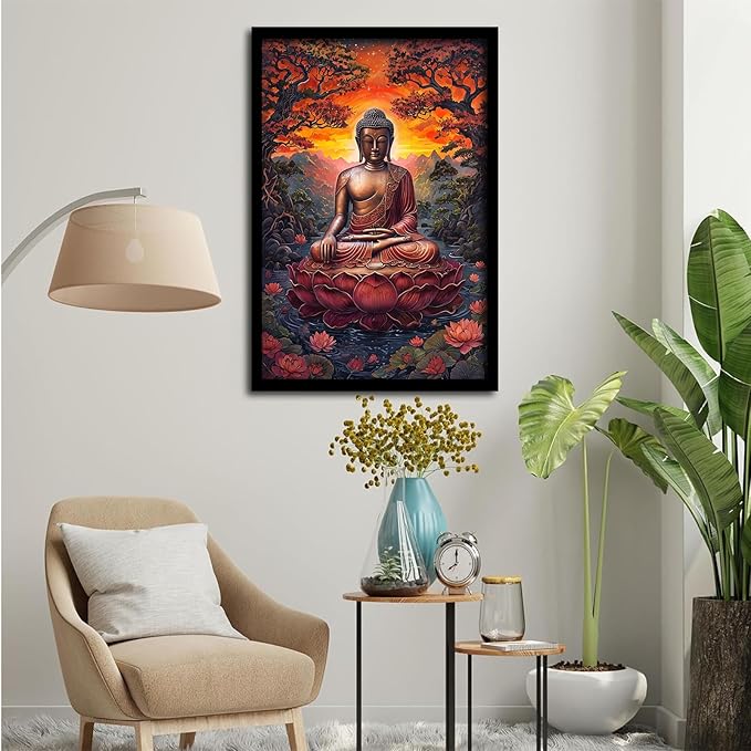 Golden Buddha on lotus seat serene meditation statue amidst lush trees flowing water and sunrise light spiritual home art for a tranquil decor 8x12in Metal blackFramed