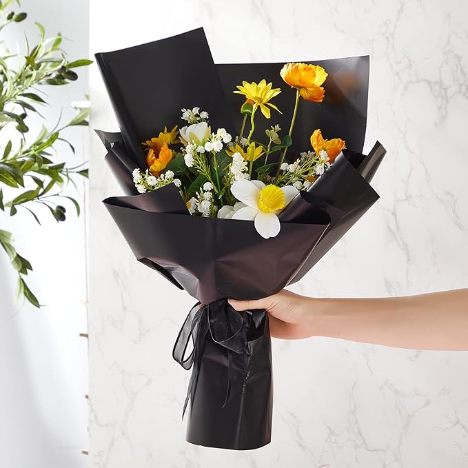 Sabary 120 Sheets Flower Wrapping Paper Bouquet Pure Color Waterproof Floral Packaging Paper with 196 Inch Ribbon Florist Bouquet Supplies for Wedding Birthday DIY, 22.8 x 22.8 Inch(Black)