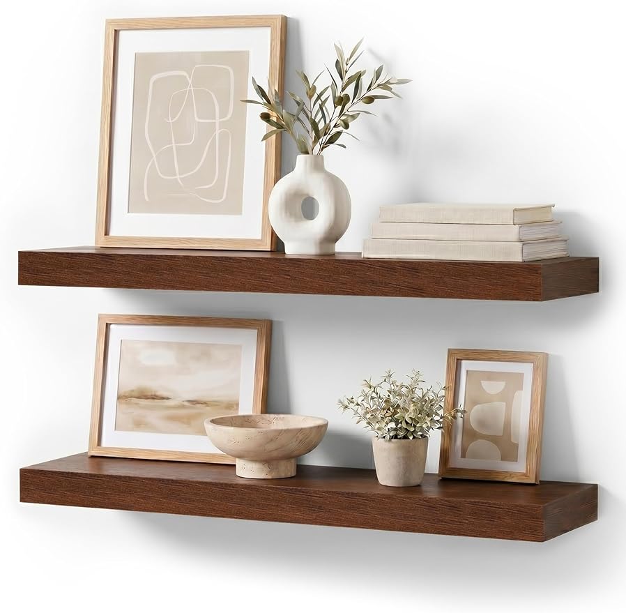 Walnut Floating Shelves Set of 2, 24 Inch Rustic Wood Wall Mounted Shelves for Bathroom, Bedroom, Living Room & Kitchen, Farmhouse Storage & Display Shelves