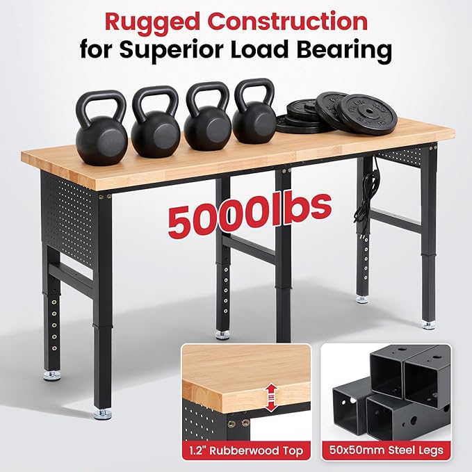 Workbench 72 x 24 Inch Heavy Duty Adjustable Height Work Table with Power Outlets & Extended Pegboard 5000 lbs Load Capacity for Garage, Workshop, Home, Office