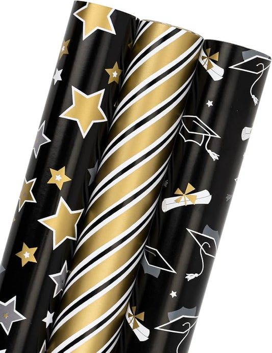 MAYPLUSS Graduation Gift Wrapping Paper Roll - 17in x 120in Per Roll - Black Gold Foil Star, Stripe & Graduation Cap Gift Wrap Paper Sheets for Party, High School, College, Annusarily Back to School
