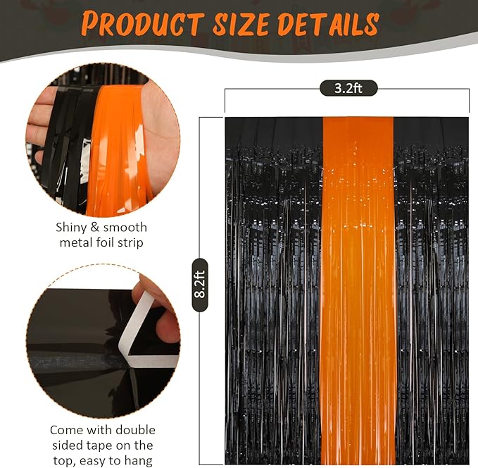 2 Pack Black and Orange Tinsel Foil Fringe Curtain, 3.2Ftx8.2Ft Halloween Backdrop Curtains Photo Booth Props Streamers Christmas Birthday Party Anniversary Wedding Retirement Decorations