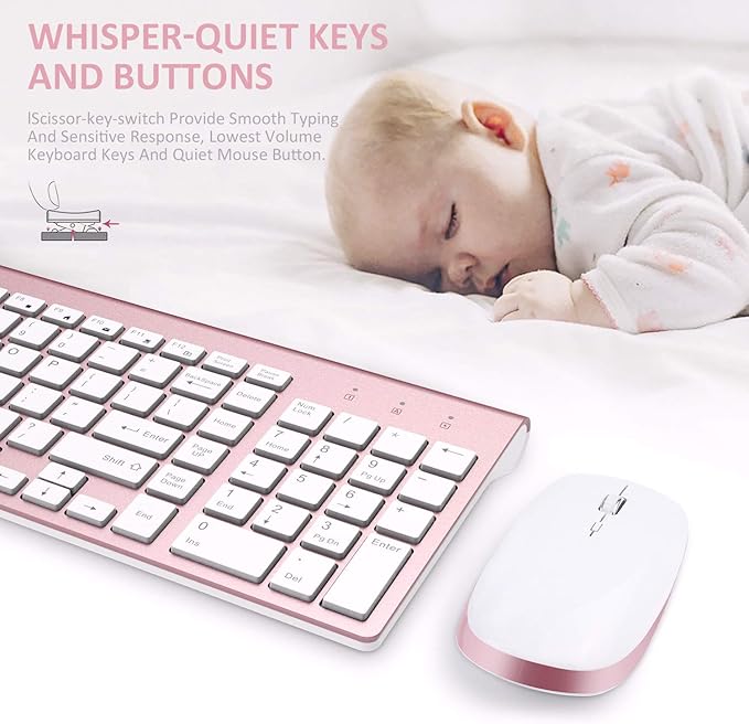 FENIFOX Keyboard and Mouse Wireless, USB 2.4GHz Combo Silent Quiet Low Profile Compact Full Size Flat Slim Thin Portable with Number Pad Soft Cover for PC Laptop Computer Office - Pink & Rose Gold
