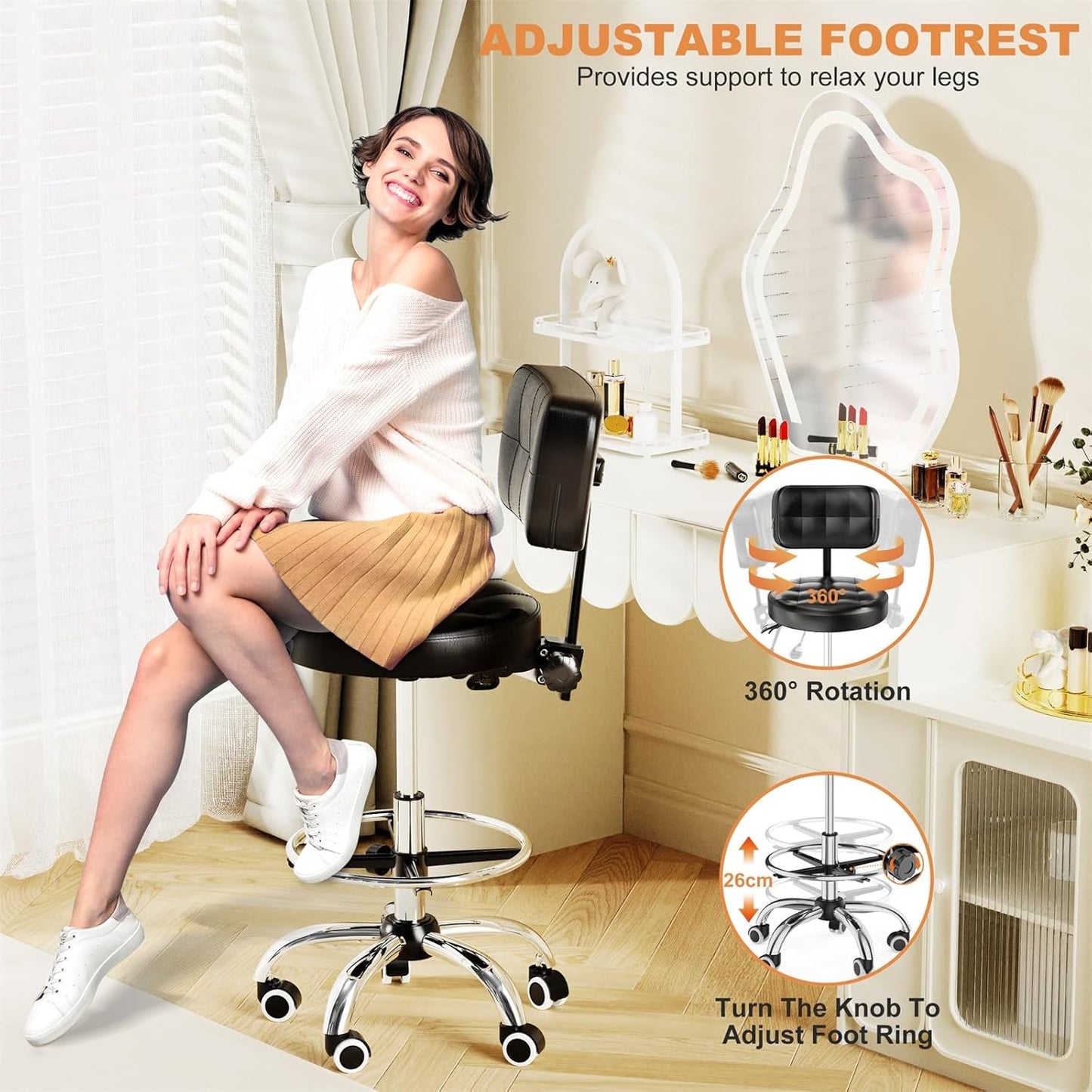 YJHome Rolling Stool - Adjustable Height Swivel Chair with Wheels | Heavy Duty 400lbs Capacity (Black)