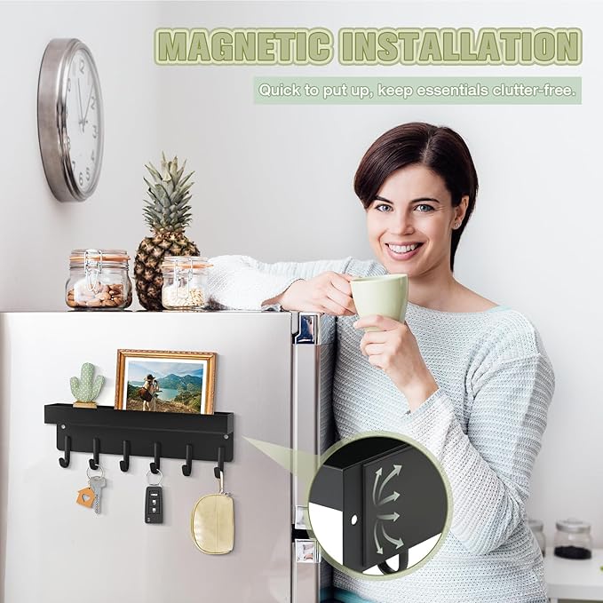 VIS'V Magnetic Key Holder Wall Mount, Compact Metal Key Rack with Tray, 6 Hooks, 2 Mount Options, Black